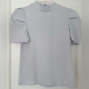 Ann Taylor Light Gray Puff Sleeve Mock Neck Top